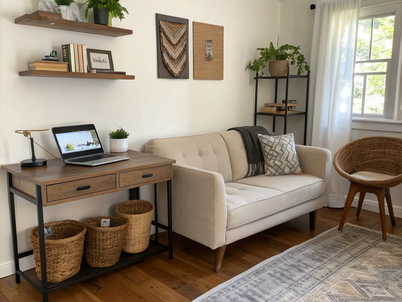 Photorealistic small living room with a light walnut desk tucked behind a taupe linen sofa, rust boucle chair, black floating shelf with baskets and plant, warm afternoon light on oak floor and rug.
