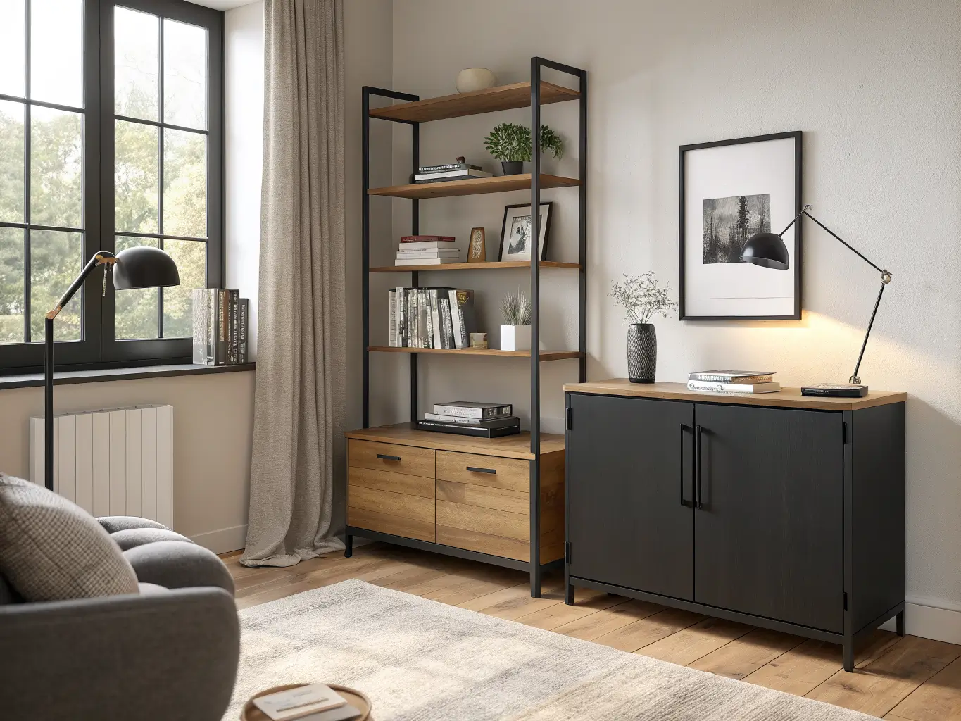 Photorealistic living room desk area with floating oak shelves holding books, framed art, and a vase above a matte black cabinet, lit by warm morning light on oak floors with a wool rug and taupe sofa edge visible.