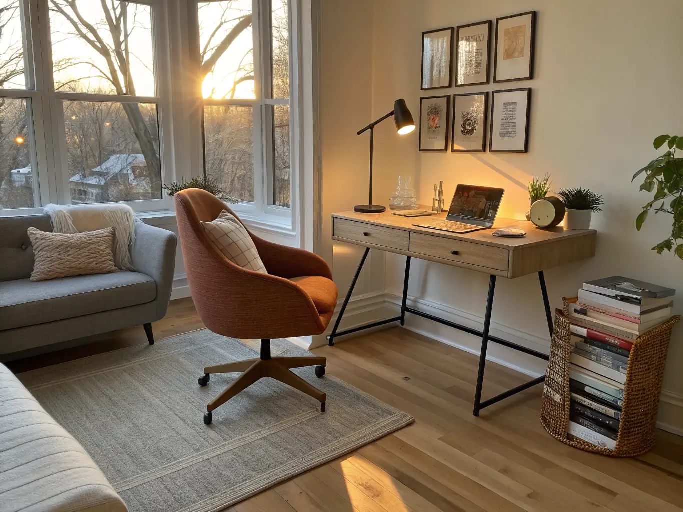 Photorealistic living room reading nook by a large window at golden hour, with a rust boucle swivel chair at a shallow console desk, warm task lamp, gray wool rug, taupe sofa in background, and a small plant with two books on the desk.