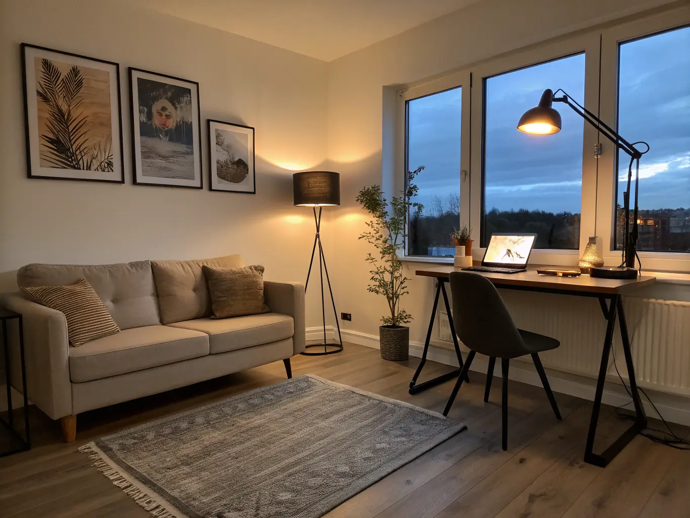 Wide shot of a cozy living room at dusk with a wall desk lit by a black task lamp, a taupe sofa beside a glowing floor lamp, light oak floors, gray rug, abstract art above the desk, and twilight visible through the windows.