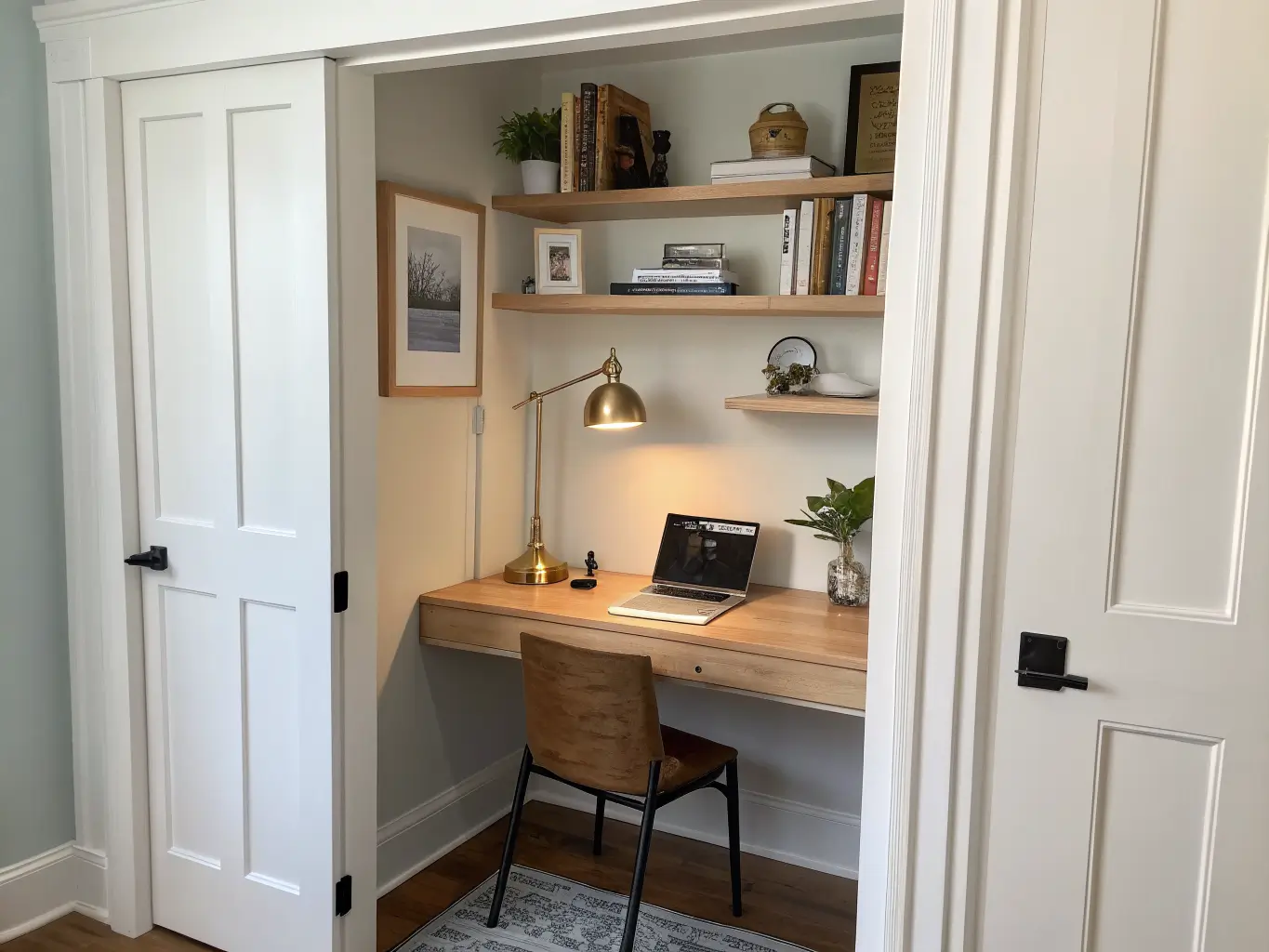 Closet-turned study nook with a floating light oak desk, brass task lamp, shelves with plant and books, white walls, navy frame, and jute runner rug.