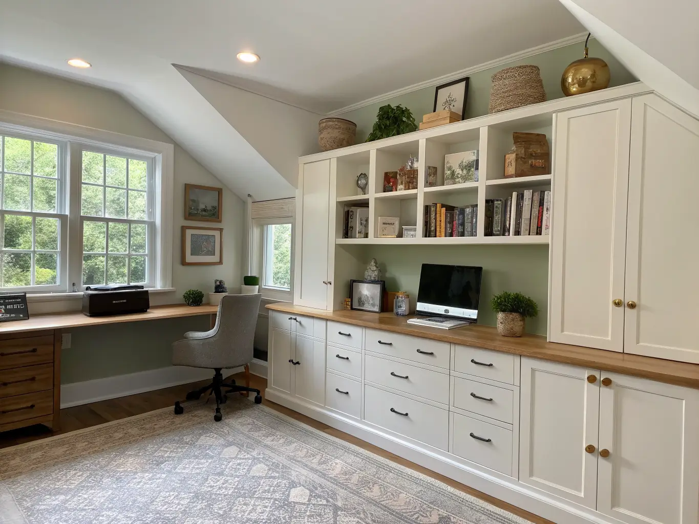 Photorealistic sunlit home office built-in wall with soft white cabinets, central butcher block desk, open shelves with books, plants, and ceramic decor, and brass pulls.