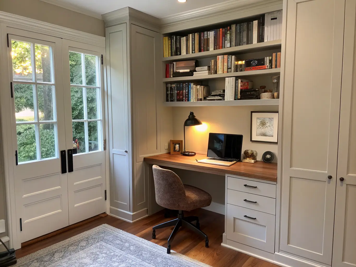 Photorealistic greige built-in home office alcove with warm walnut desk, matte black task lamp, charcoal chair, botanical prints, design books, and golden afternoon light.