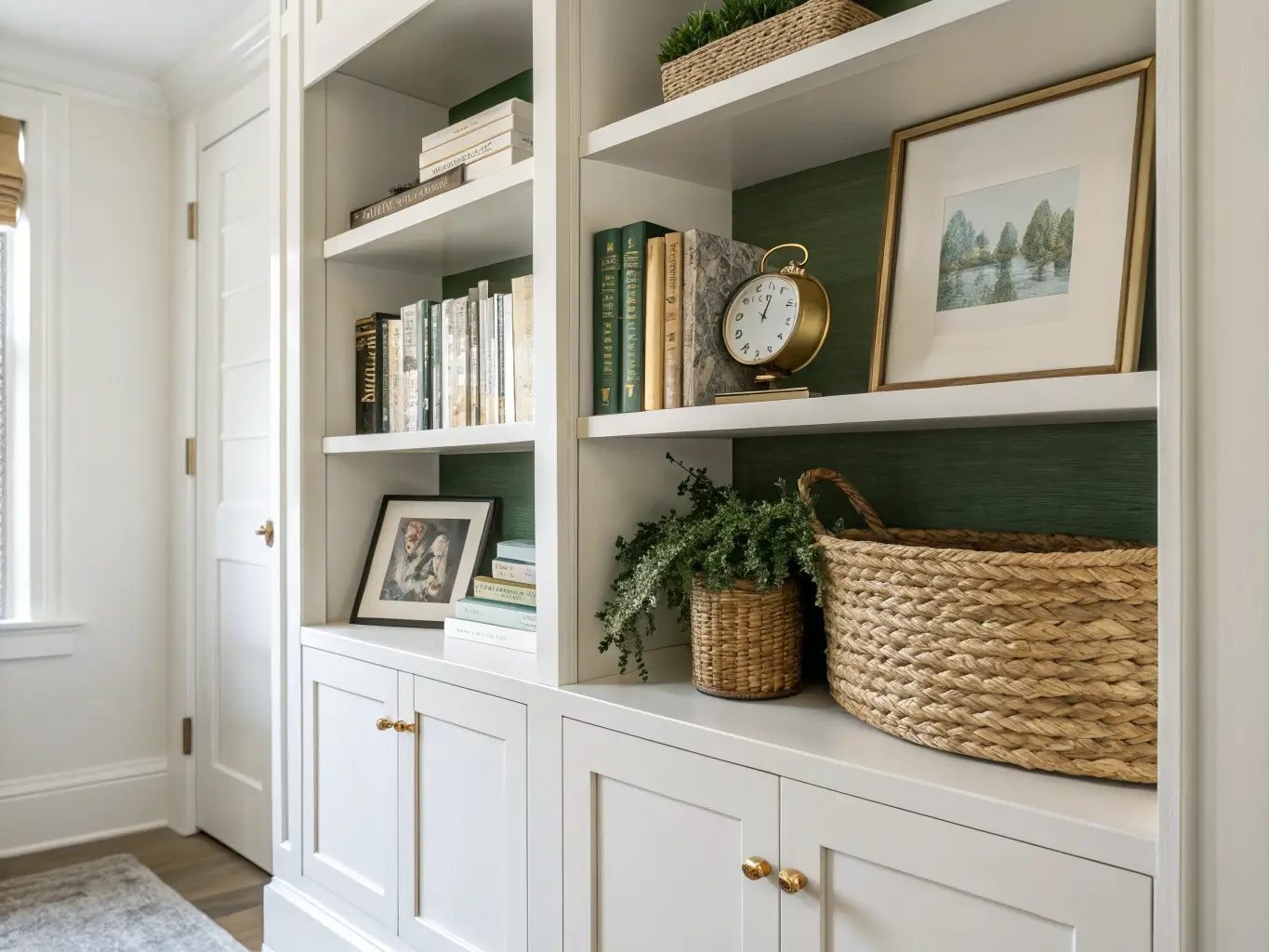Detail of soft white built-in home office shelves with stacked books, seagrass basket, brass clock, framed line-art niche, and shiplap backing in warm side light.