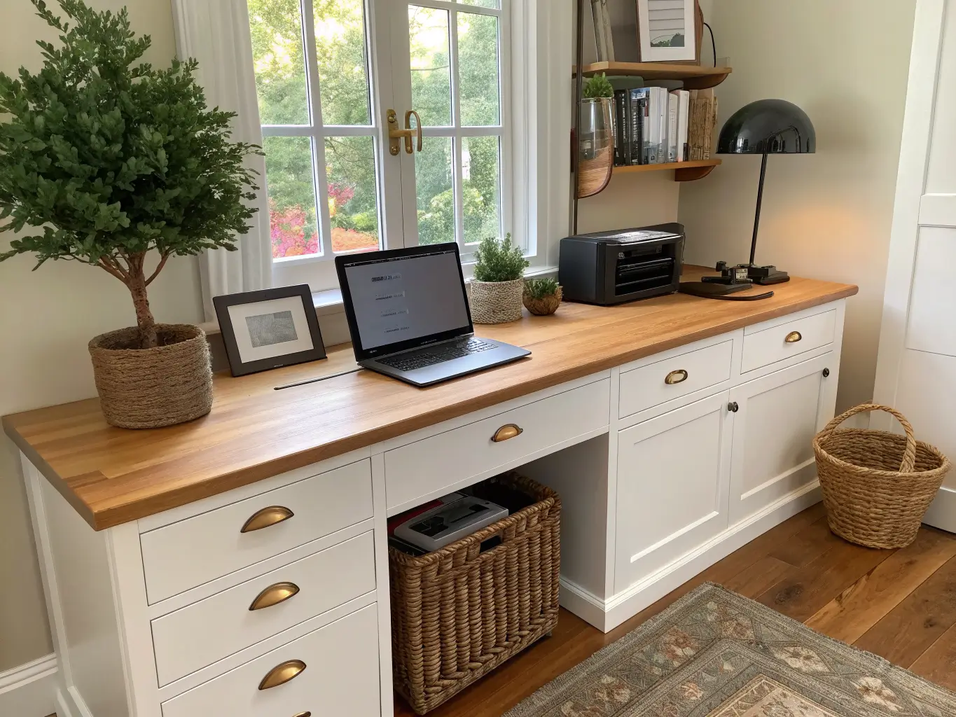 Photorealistic close low-angle view of a built-in home office desk with honey oak butcher-block top, soft white cabinets with brass pulls, a slightly ajar door revealing a hidden printer, an olive tree in a woven basket, and a black task lamp casting warm light.