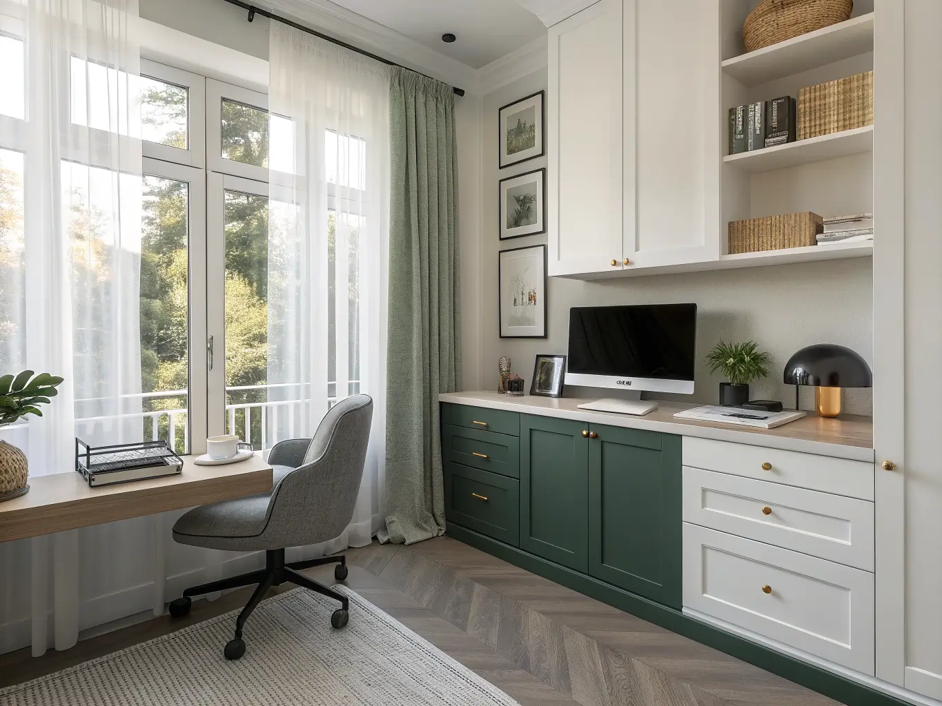 Photorealistic home office with soft white built-in desk and forest green lower cabinets, slim monitor and charcoal task chair, shown at a three-quarter angle beside a large window with sheer curtains and diffused midday light.