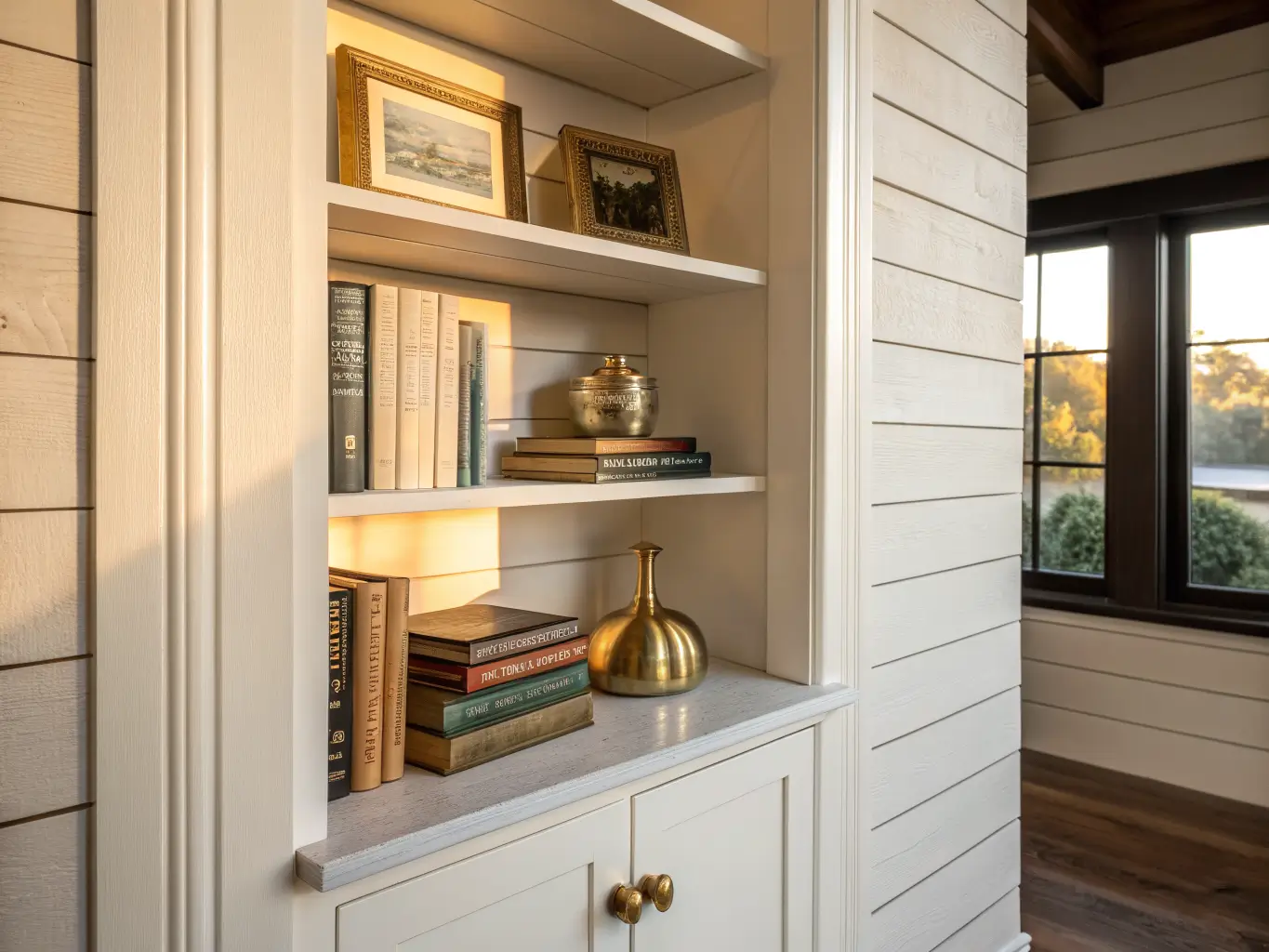 Close-up of a white built-in home office corner niche with art books, a brass bookend, and a trailing pothos in a cream pot, lit by warm late-afternoon light.