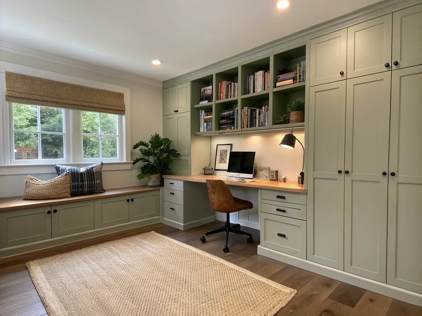 Photorealistic wide-angle doorway view of a spare-bedroom office with 12-foot built-in greige cabinetry, a floating wood desk on slim black legs, a forest green accent section, jute rug, corner floor plant, and diagonal afternoon light.
