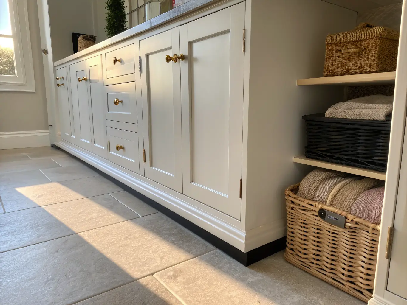 Close-up of a home office built-in base cabinet with soft white doors, brushed brass pulls, and a recessed black toe kick, lit by warm afternoon light with a woven basket of blankets nearby.