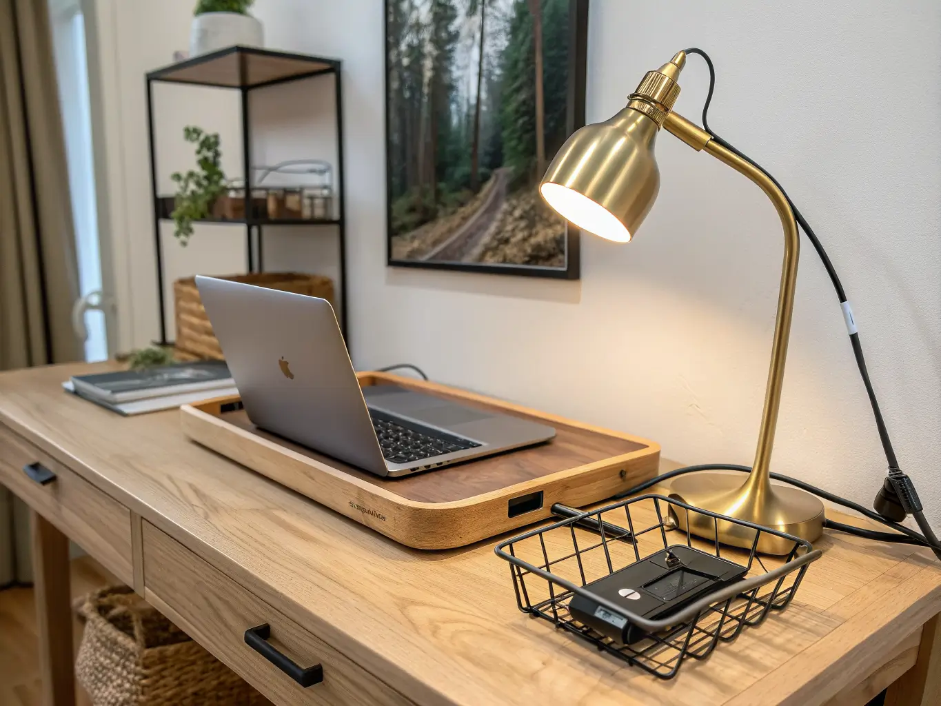 Close-up of a tidy light oak desk corner with cable tray, warm brass lamp, laptop on riser, and woven basket of cords against a soft white wall.