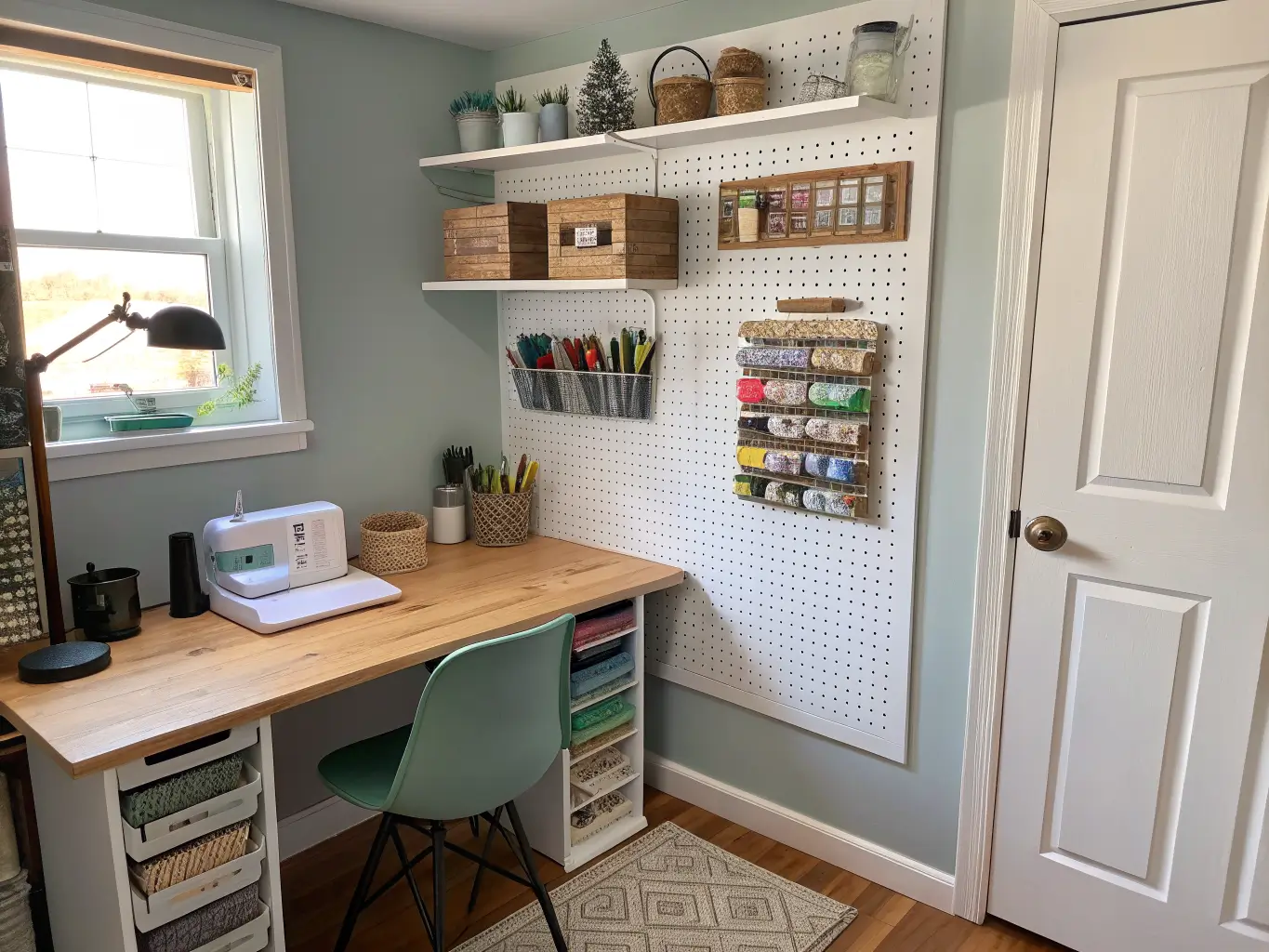 Converted closet craft nook with white pegboard wall, hanging tools, pale-wood desk with sewing machine and cutting mat, soft gray walls, oak floor, and warm morning light.