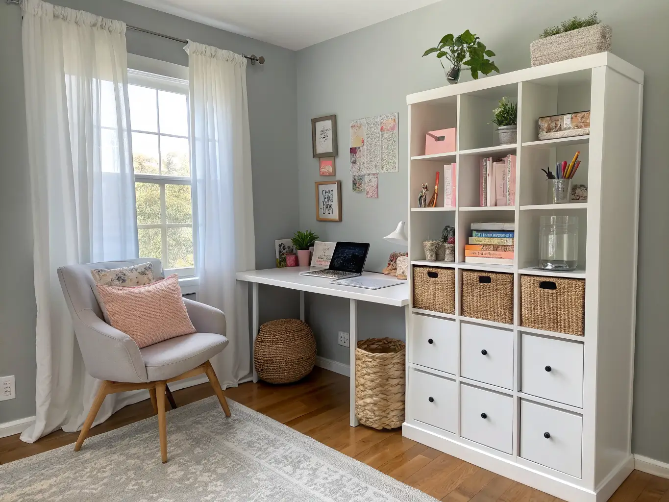 Bright corner craft station with IKEA-style KALLAX divider shelves, corner desk with laptop and colored pencils, in soft natural light.
