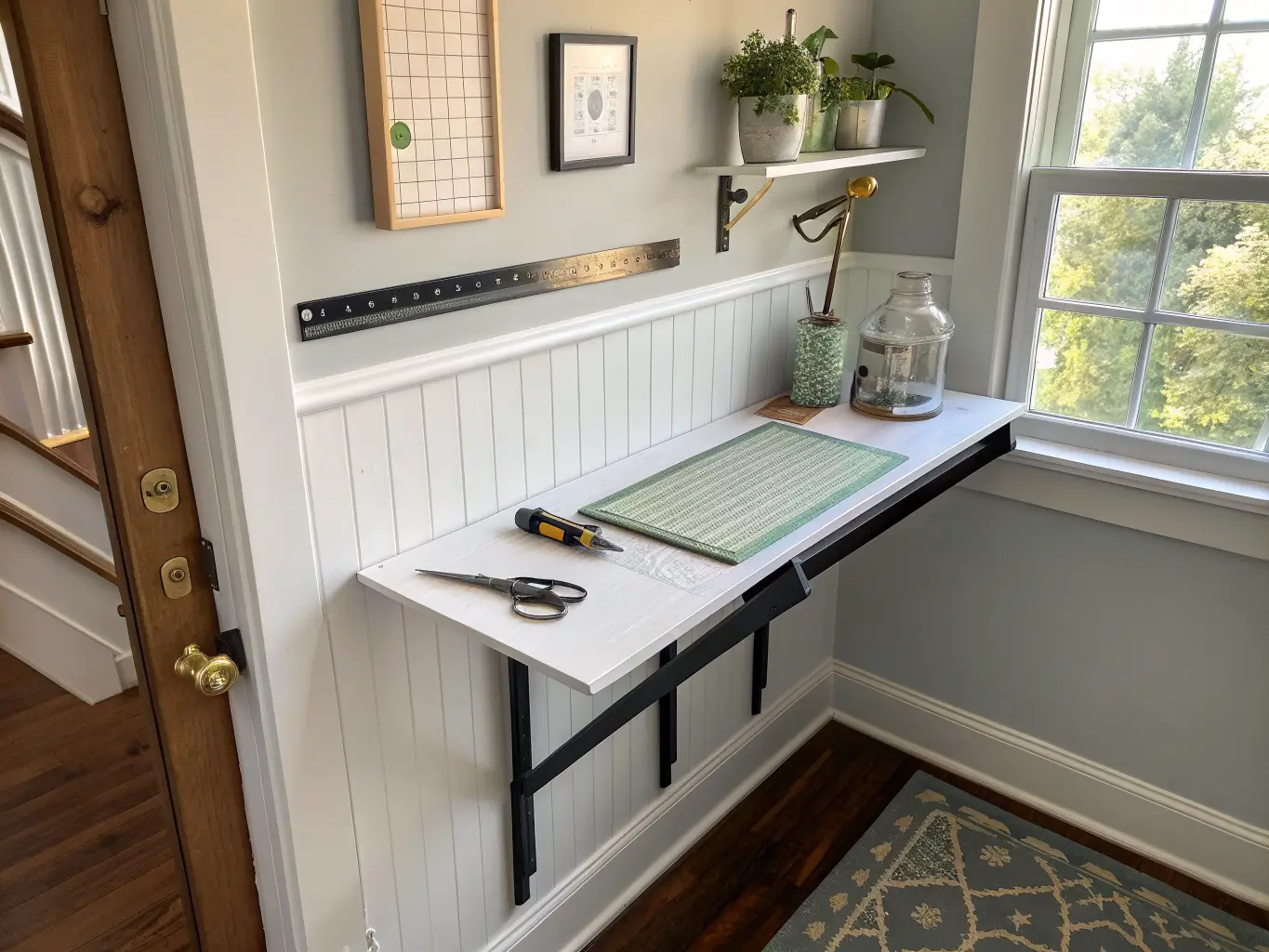 Fold-down craft desk nook in a hallway landing with cutting mat, tools on a black magnetic strip, pale gray wainscoting, and warm side-lit shadows.