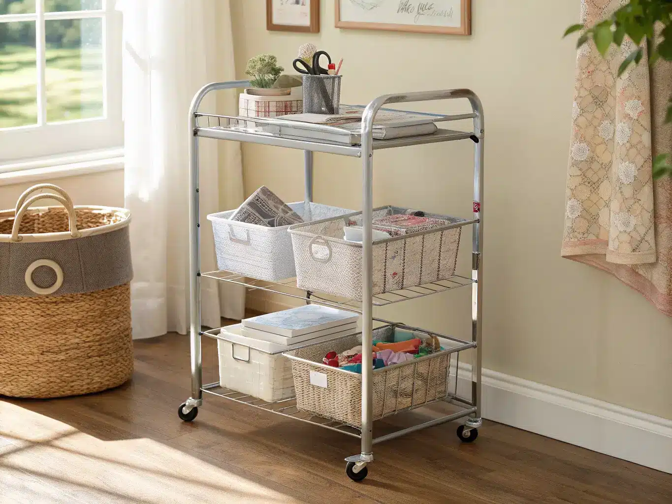 Three-tier chrome rolling craft cart beside a desk, holding markers, patterned paper, and labeled adhesive bins in warm afternoon sunlight.