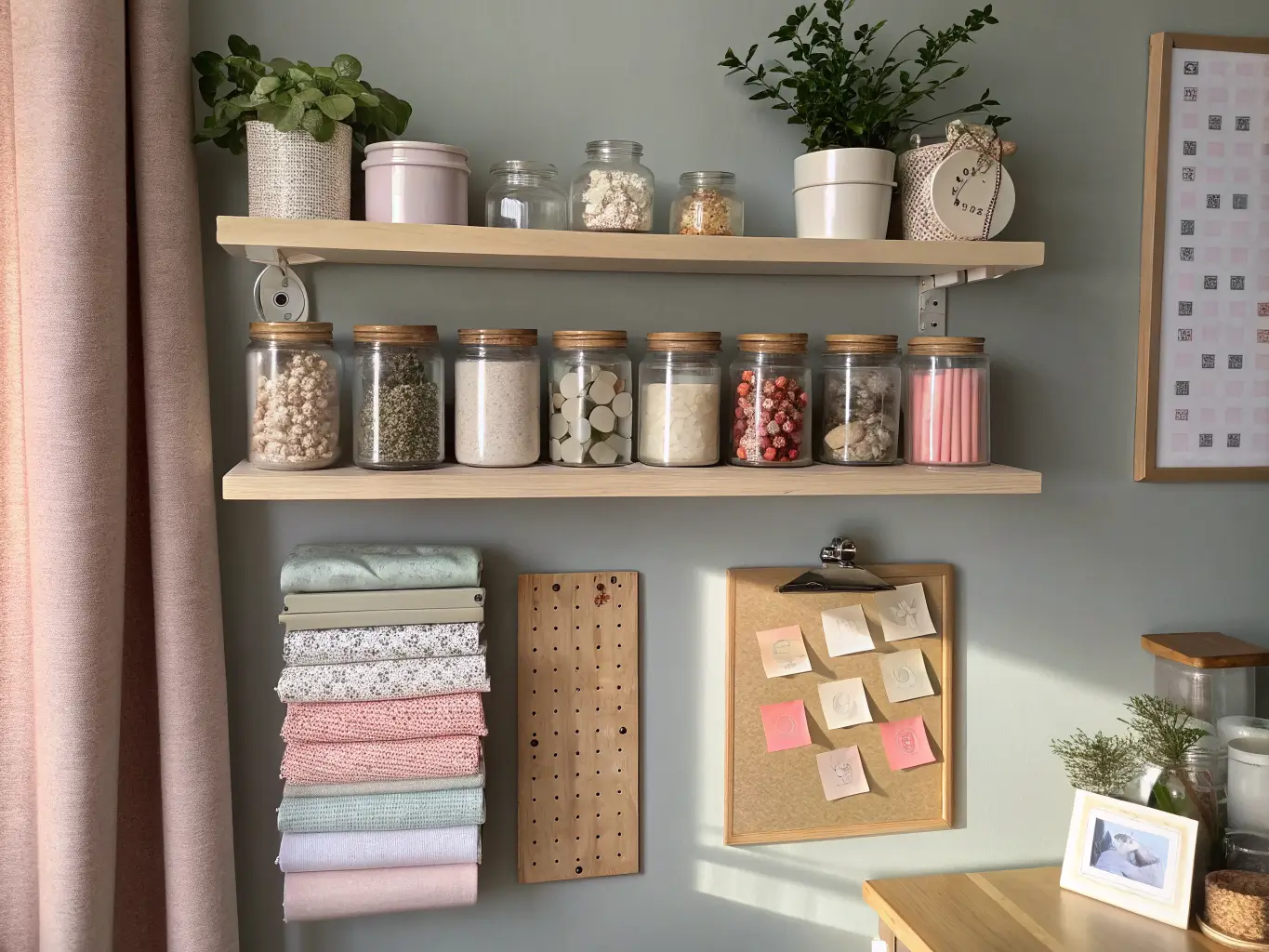 Floating pale-wood shelves above a craft desk with glass jars holding buttons and ribbon spools in a white-to-sage-to-blush gradient, beside a cork pinboard with fabric swatches, lit by warm window light.