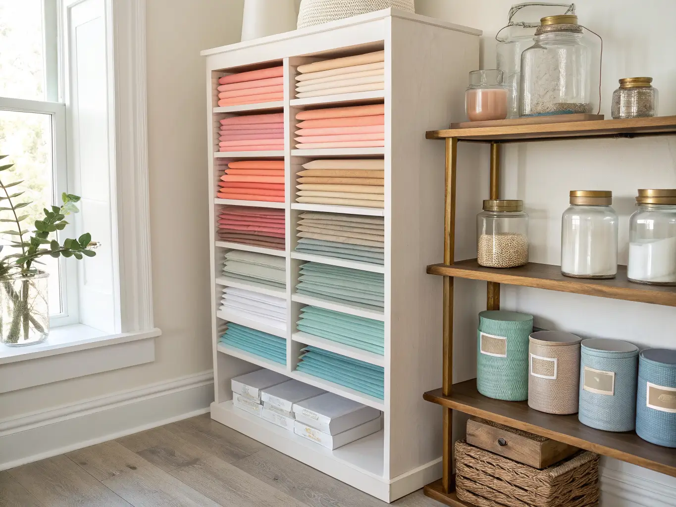 Vertical paper storage rack in an open shelf, holding upright 12x12 scrapbook paper sorted by color, with glass canisters and folded fabric nearby in soft morning light.