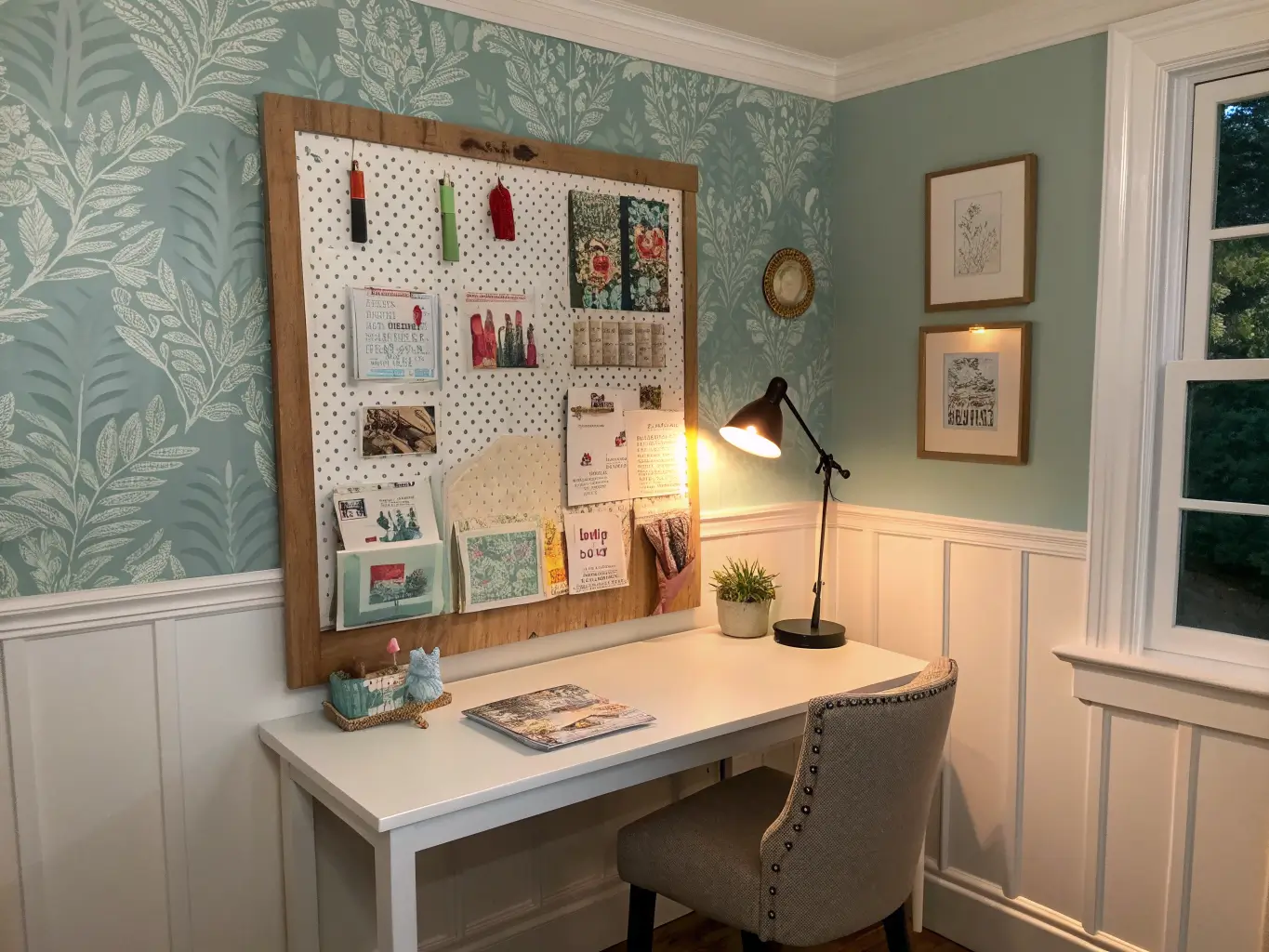 Cozy craft corner with a fabric pinboard covered in color swatches, ribbon scraps, and a clipped photo above a narrow desk lit by a warm task lamp against muted sage-blue botanical wallpaper.
