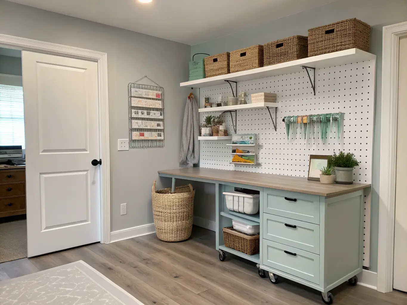 Wide-angle photo of an organized craft closet with pegboard, desk and rolling cart, floating shelves, and a fabric basket on oak flooring in soft gray and white with a sage vase in morning light.