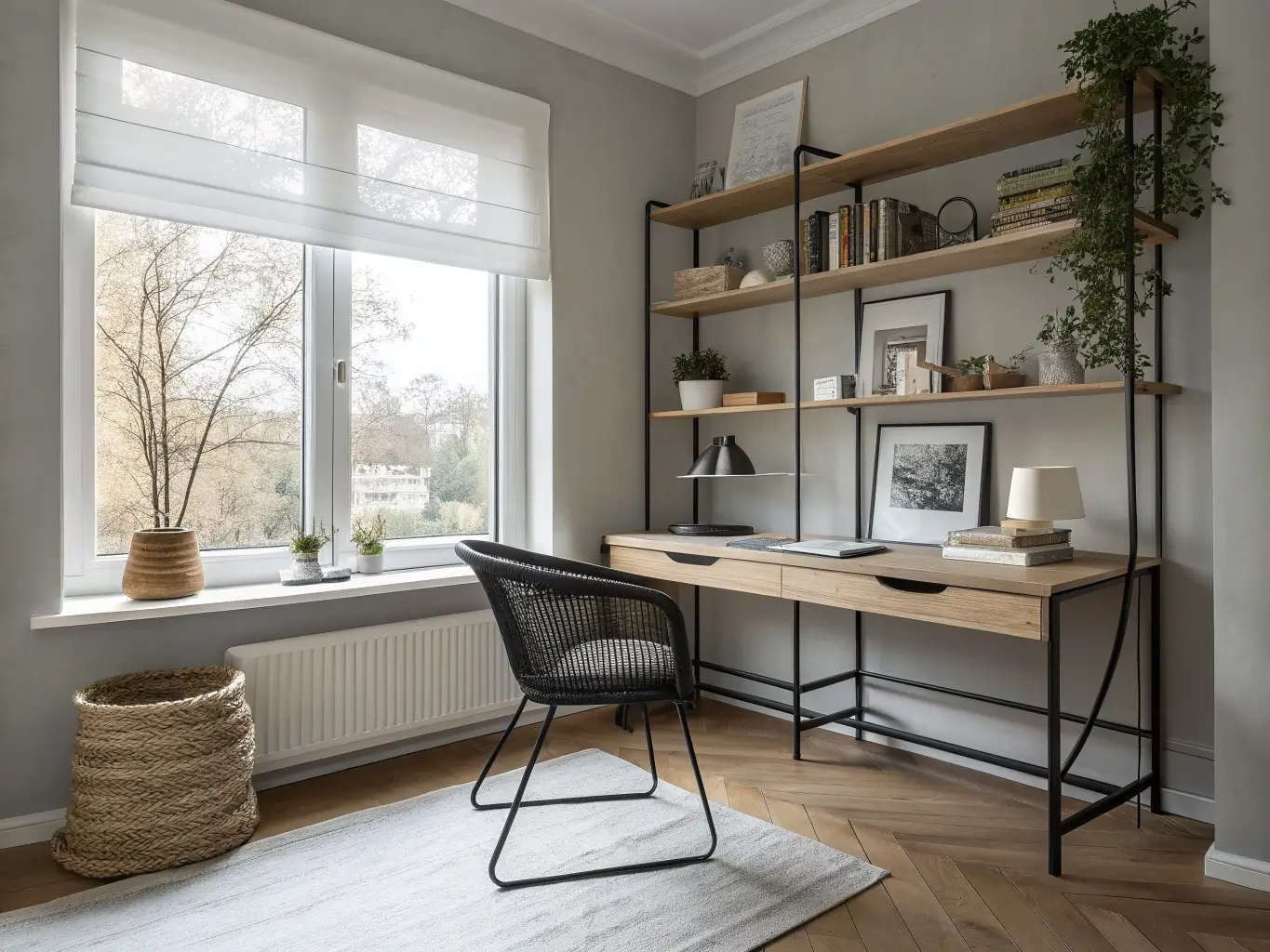 Minimalist Scandinavian study with floating desk under a sunlit window, black metal chair, open shelves with books and vase, and a sage throw on a reading chair.