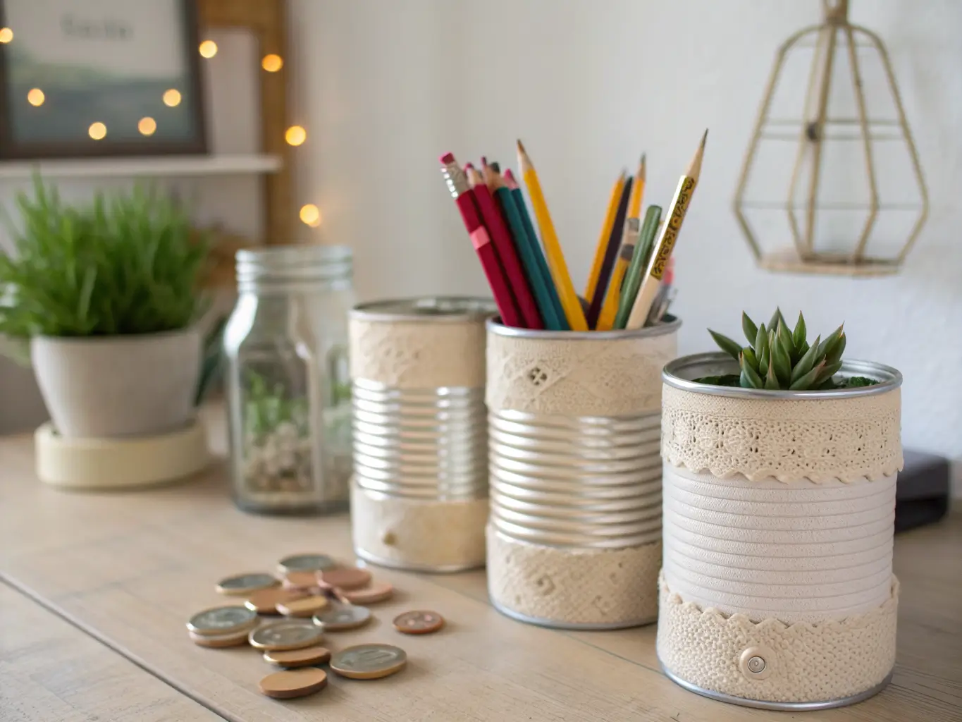 Three beige-wrapped repurposed coffee cans holding paintbrushes and colored pencils on a pale wood desk beside a jar of buttons and a small succulent, softly lit with blurred tools in the background.
