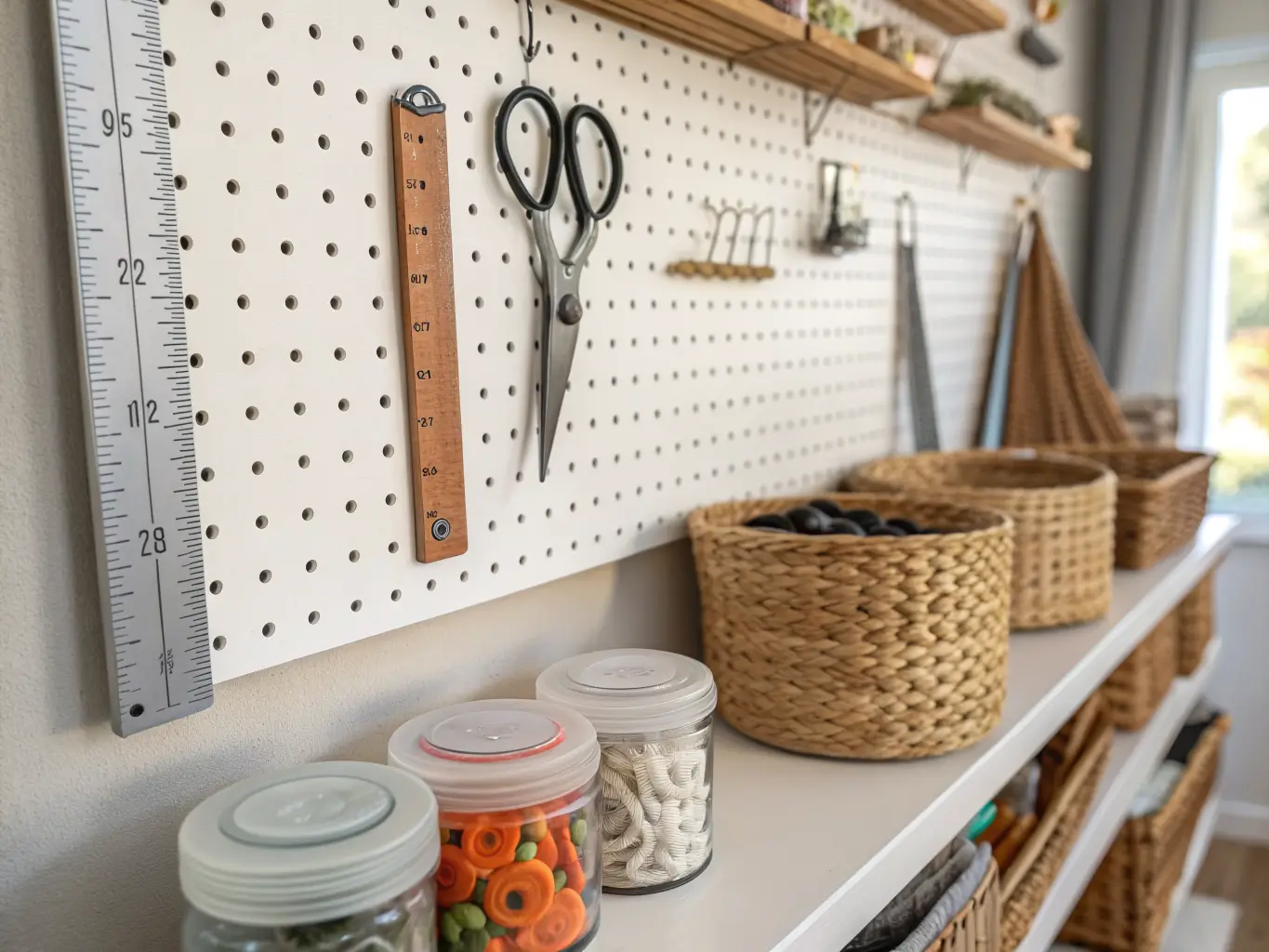 Close-up of a white craft-room pegboard with hanging scissors, ruler, baskets, and pins above a shelf of color-sorted button jars, lit by soft afternoon light.