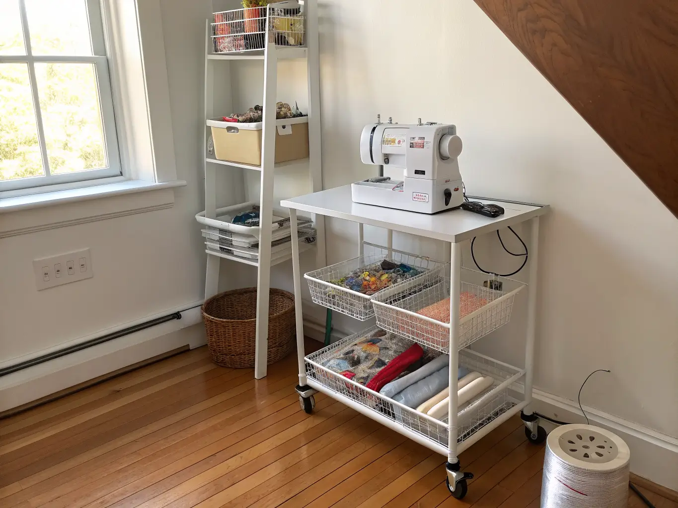 Photorealistic craft room corner with a three-tier rolling wire cart of thread spools, pin cushion, and bobbins beside a sewing machine on a white desk, lit by soft window light with a rust-orange spool accent.