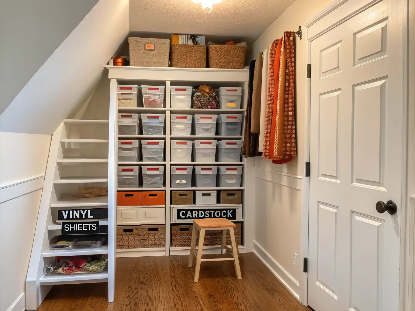 Photorealistic narrow craft closet with floor-to-ceiling white shelves, labeled clear bins of vinyl and cardstock, step stool with seasonal ribbon, and warm afternoon light from an open left door.