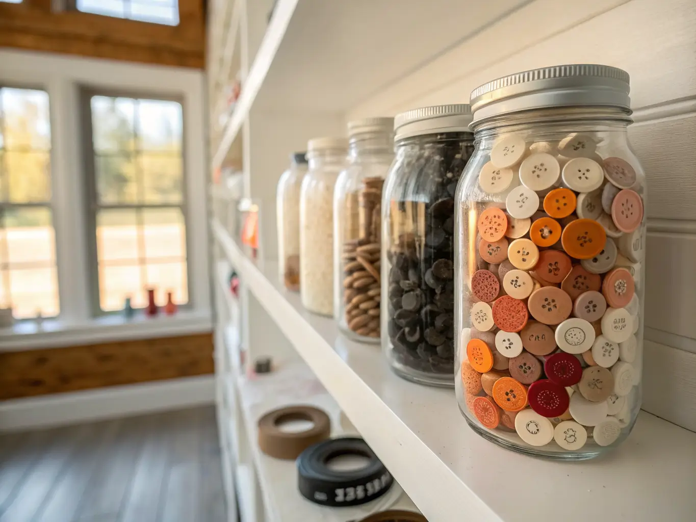Close-up of glass mason jars on a white shelf filled with color-sorted buttons, beads, and glitter, lit by warm window light with a blurred shelving background.