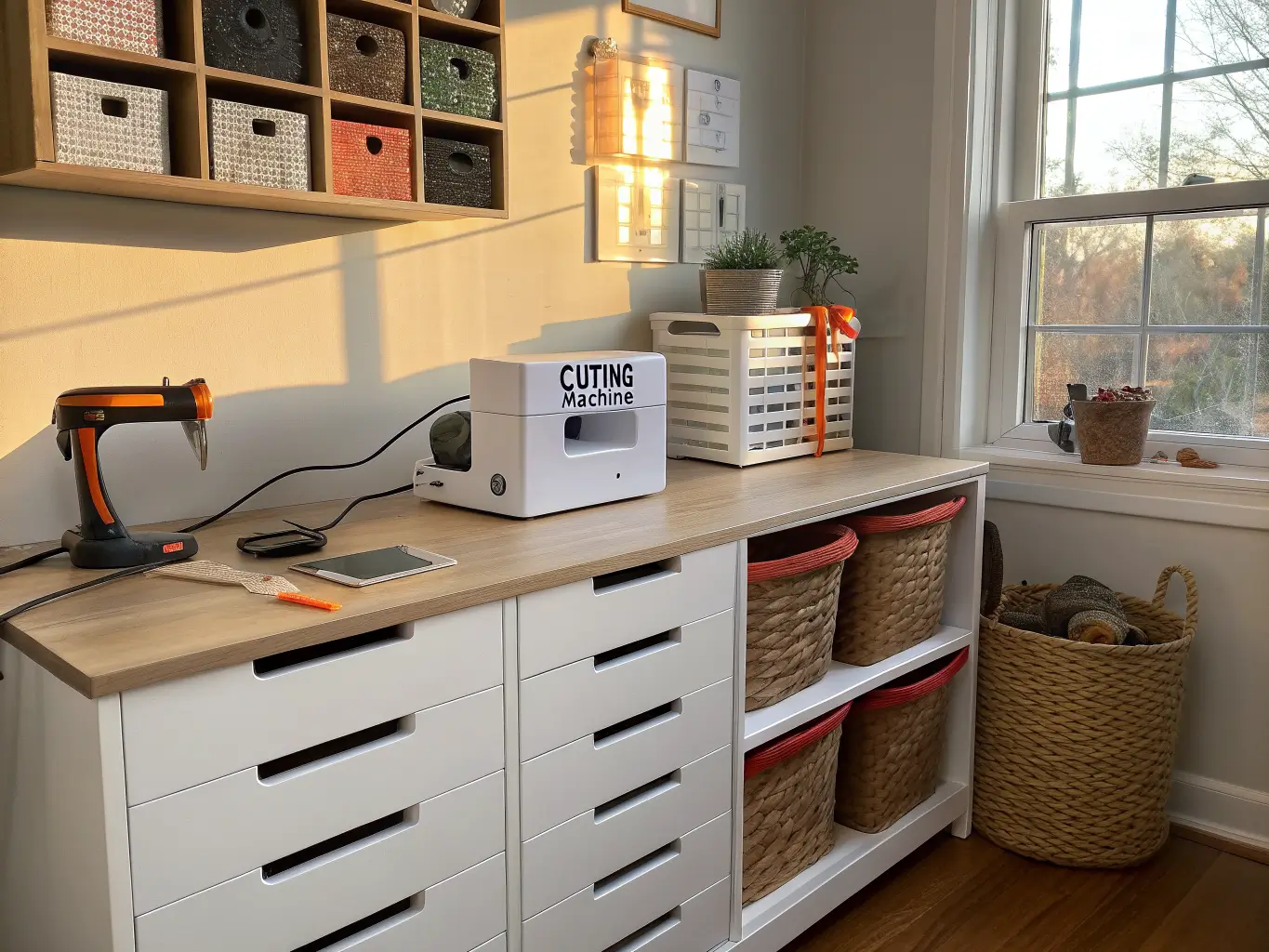 Photorealistic craft room drawer and cubby storage with labeled white drawers, wood countertop, small cutting machine plugged in, woven basket, and rust-orange ribbon in warm afternoon light.