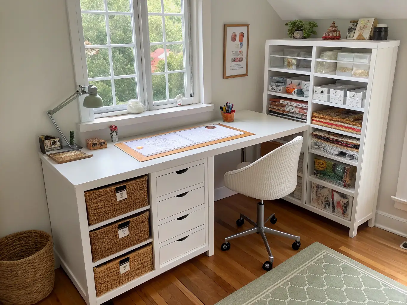 Photorealistic craft room desk under a bright window with cutting mat and rotary cutter in a nearby open drawer, white shelving with organized cardstock, wood floor, and woven basket.