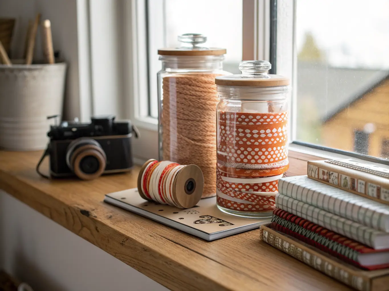 Styled craft room shelf with glass jars of rust-orange and cream ribbon spools beside scrapbook paper and a coiled ribbon on a wooden rack, warmly lit with a blurred labeled shelving background.