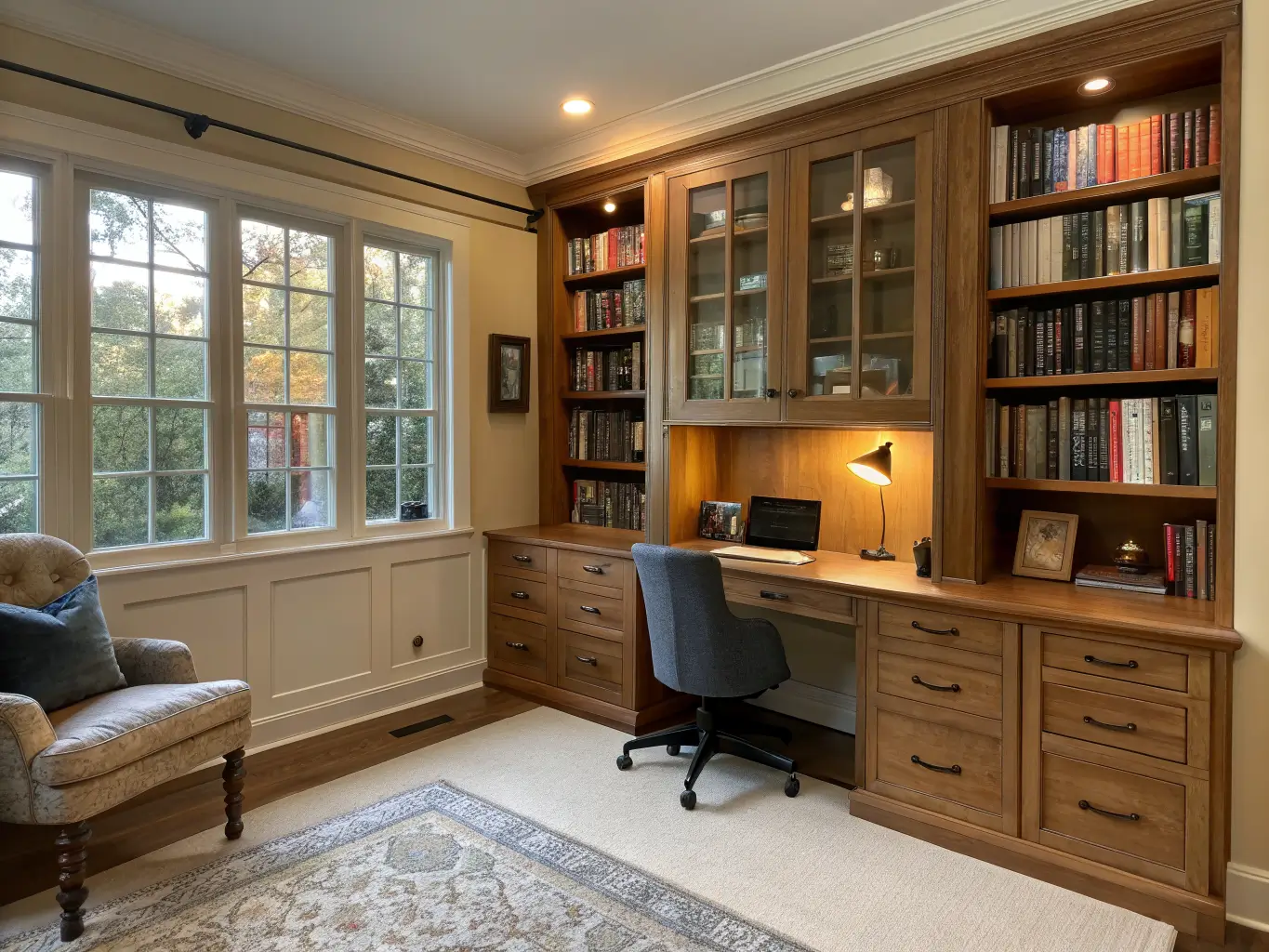 Wide-angle view of a warm home library study with floor-to-ceiling oak bookshelves, central desk under a tall window, charcoal ergonomic chair, bouclé reading chair with brass lamp, beige wool rug, and late-afternoon golden light.