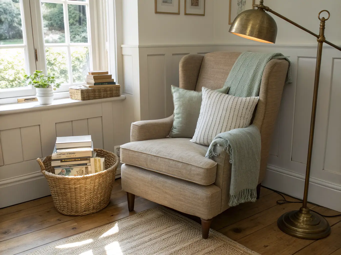 Cozy sunlit reading nook with a warm taupe linen armchair on a jute rug, brass floor lamp glowing, knit pillows, and a rattan basket of hardcover books on oak flooring.