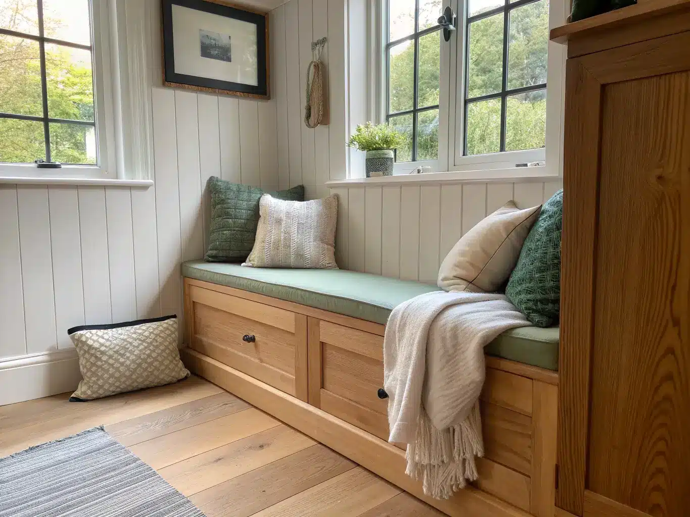 Photorealistic oak plywood built-in bench nook with hinged storage, warm white shiplap alcove, taupe cushion, sage and cream pillows with black accent, chunky knit throw, and soft morning window light.