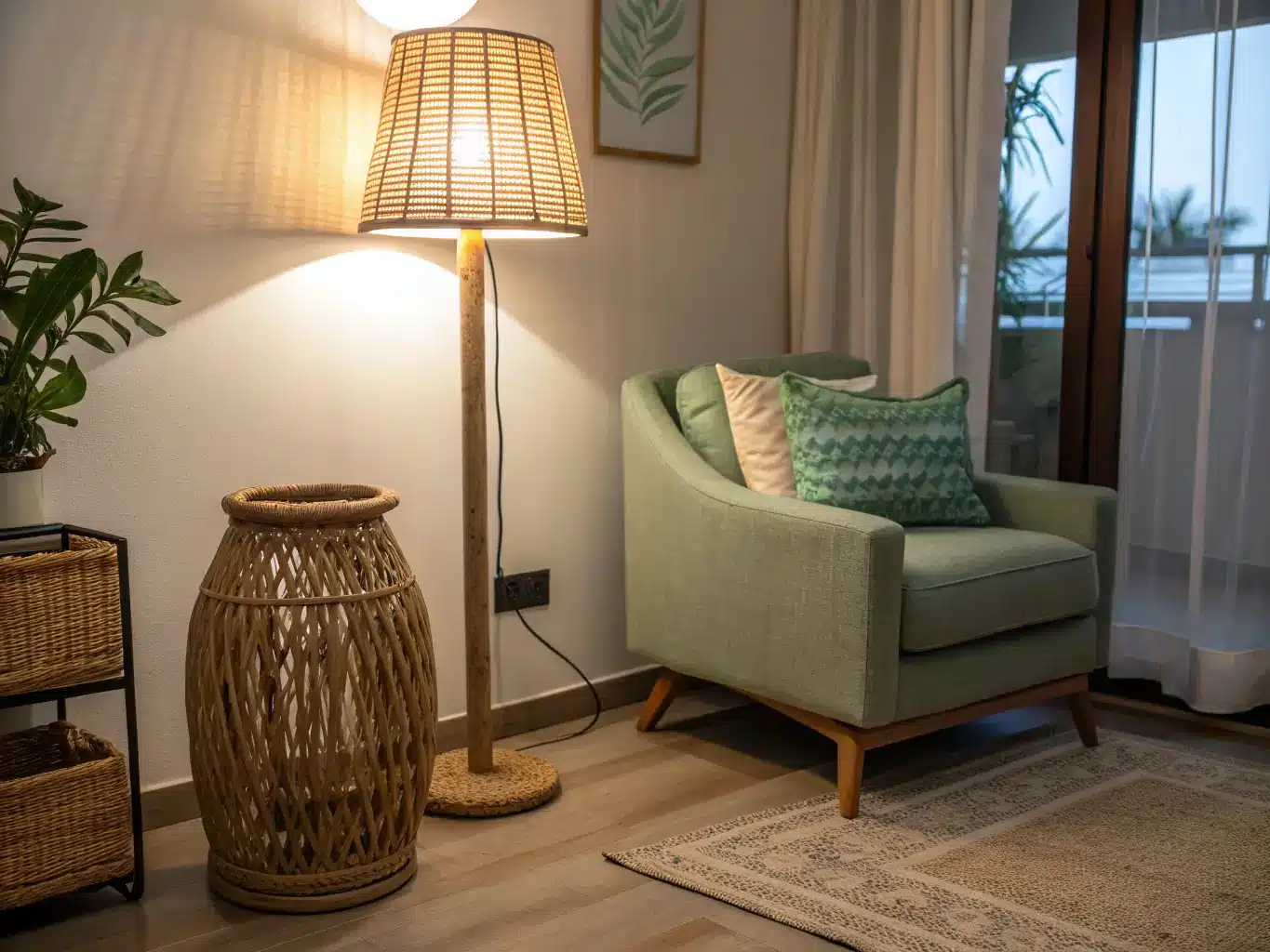 Close-up of a glowing rattan-shaded floor lamp beside an oak side table and linen armchair, casting warm evening light and soft shadows on a jute rug.