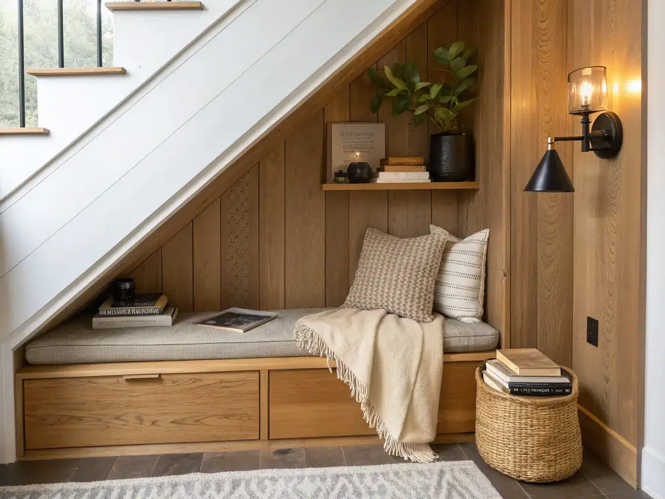 Photorealistic under-stair triangular reading nook with oak paneling, taupe cushioned bench, brass wall sconce, floating shelf with books and eucalyptus, cream throw, and woven basket, viewed slightly overhead.