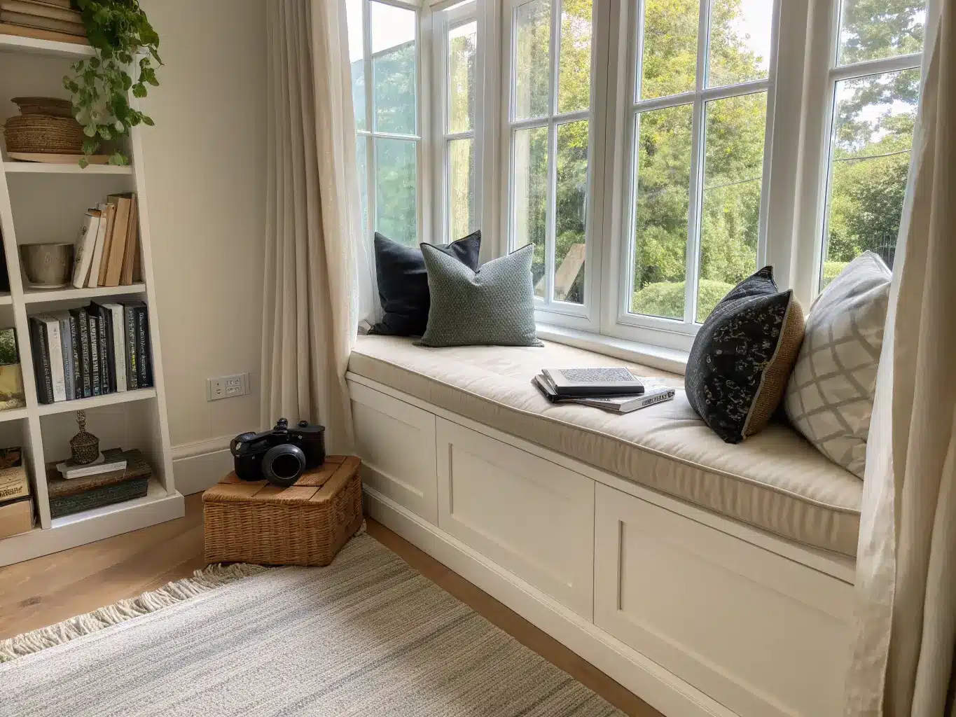 Sunlit farmhouse-modern window seat reading nook with cream linen bench, sage and black pillows, sheer curtains, taupe rug, and oak shelf holding books and a black mug.