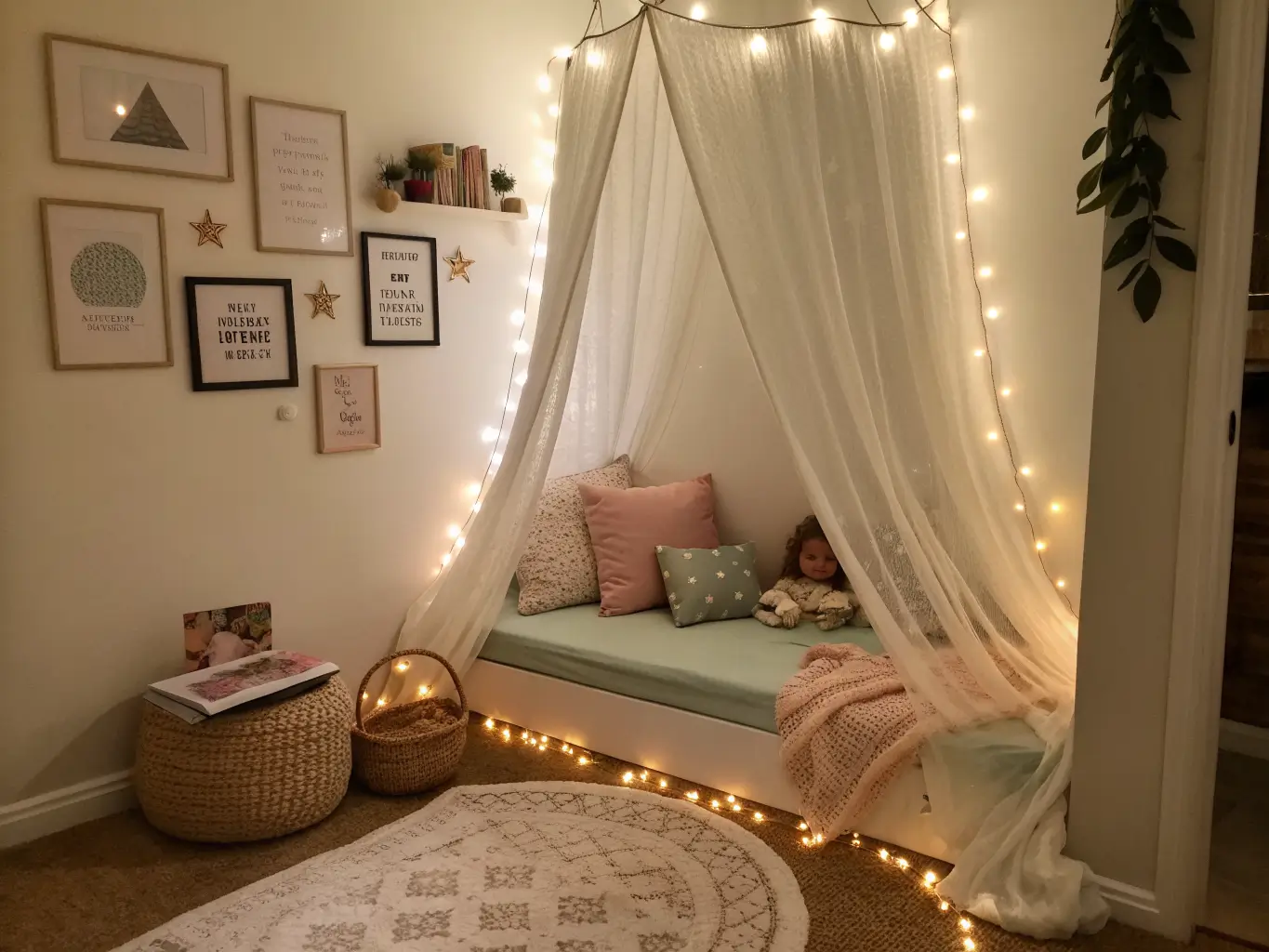 Photorealistic nursery reading nook with a sheer cream canopy over a cushioned bench, pastel floor cushions, warm fairy lights, a basket of picture books, and a framed print on a warm white wall.