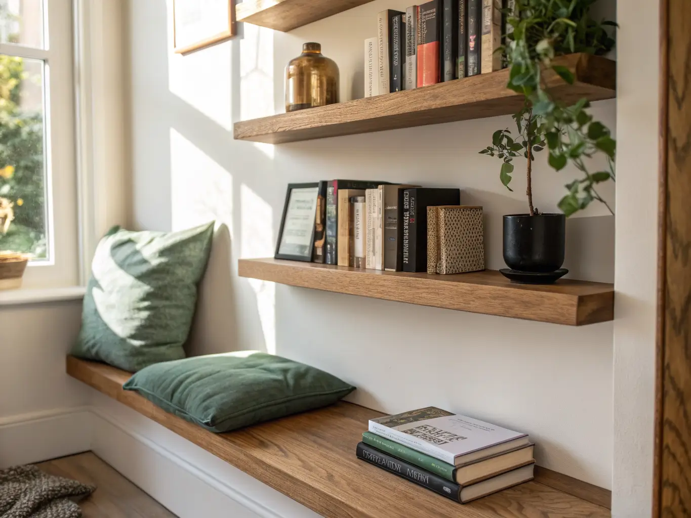 Close-up of floating oak bookshelf by a reading nook with hardcover books, brass bookend, and trailing pothos in soft afternoon light above a sage bench and taupe throw.