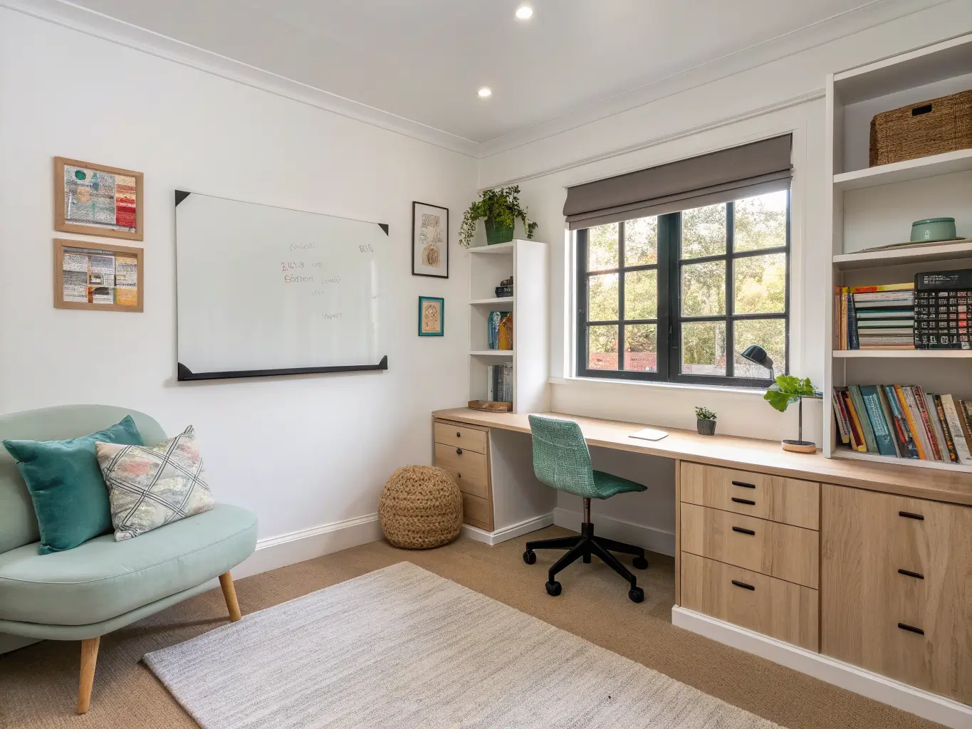 Low-angle view of a tidy kids’ study room with a light oak desk by a window, sage chair, cork pinboard, whiteboard accent wall, and a jute-rug reading nook with beige floor cushions and a small colorful bookcase in bright midday light.
