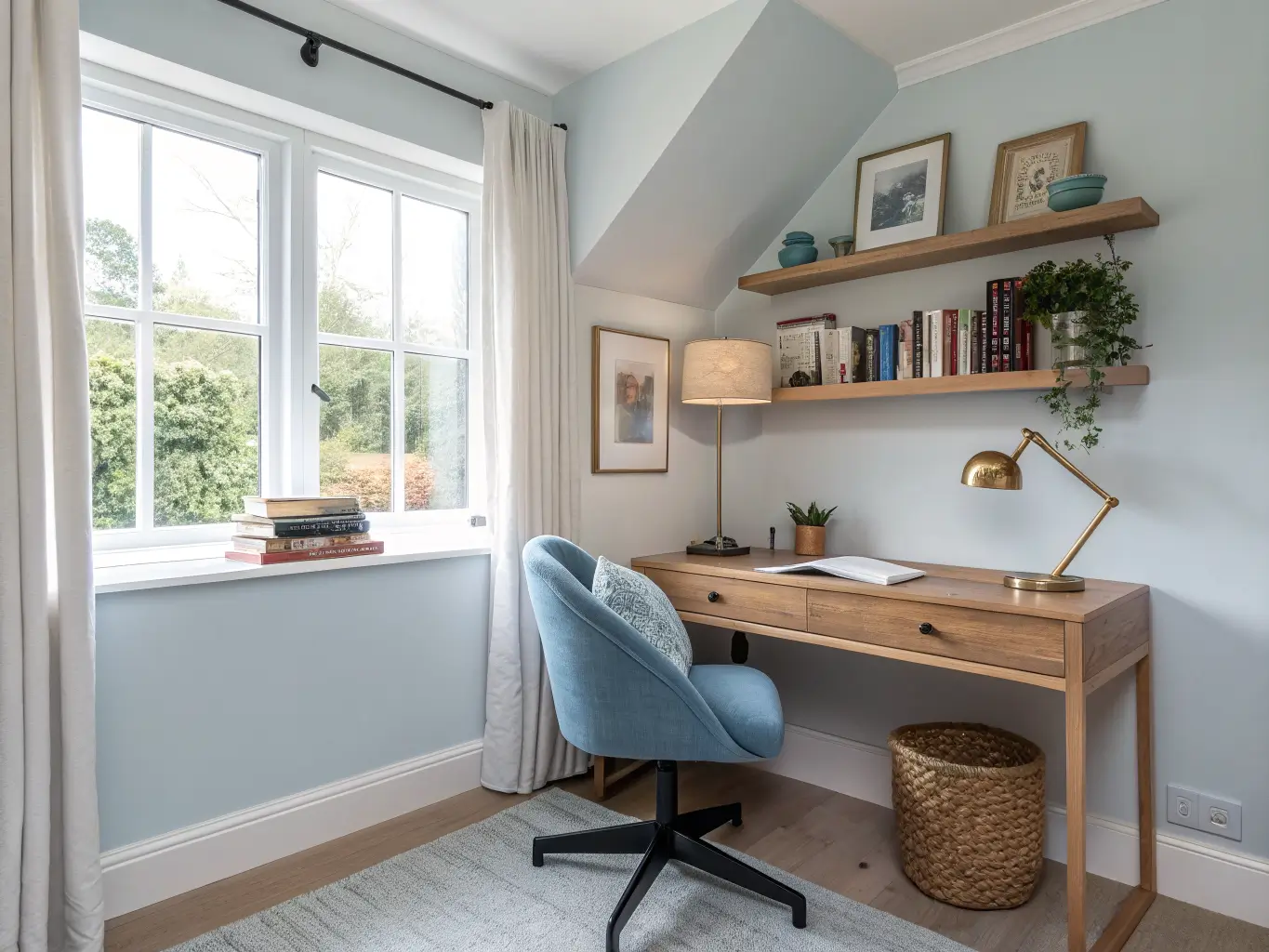 Photorealistic home study nook with light oak desk by a north-facing window, powder blue walls, brass lamp, floating shelf with books and pothos, and a cream wool rug.