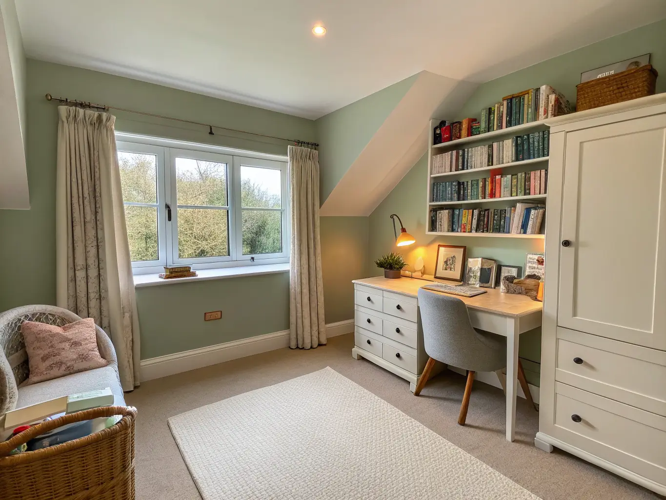 Photorealistic spare bedroom office with sage green walls, beige carpet, bookcase, white desk, reading chair with pink cushion, and golden-hour light through a west-facing window.