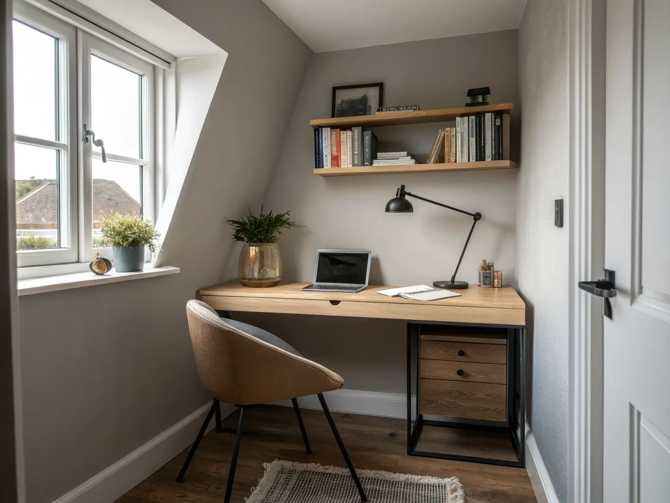 Photorealistic compact apartment alcove study with oak desk, brass lamp over open laptop, black metal chair with beige upholstery, floating shelf with books and pampas stem, in soft grey morning light.