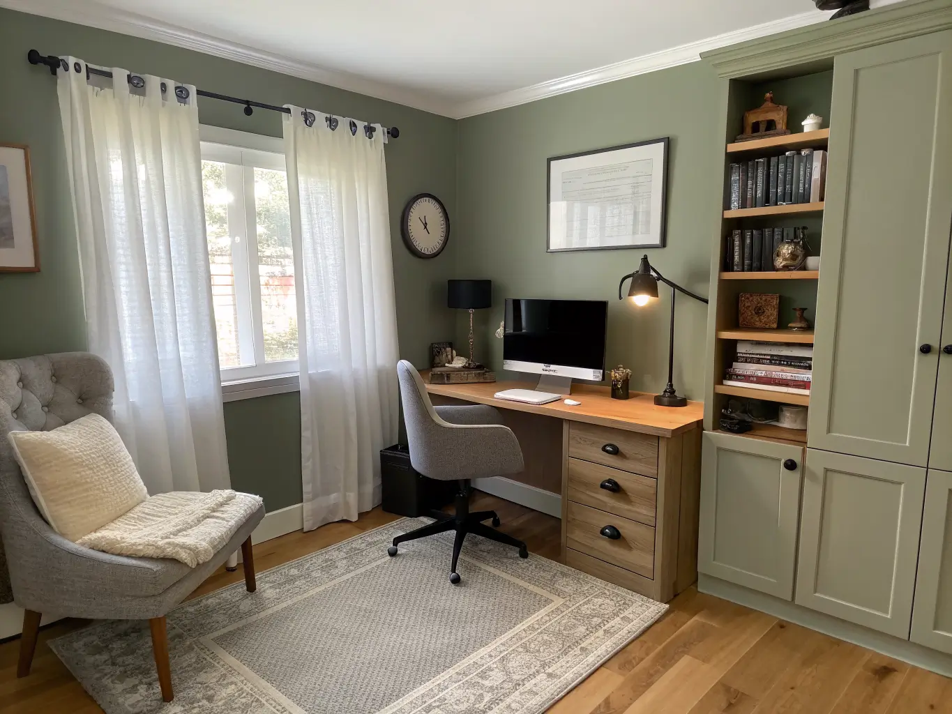 Photorealistic olive-green home office with light oak desk, grey ergonomic chair, taupe rug, sheer-curtain daylight, and brass floor lamp by a small bookshelf.