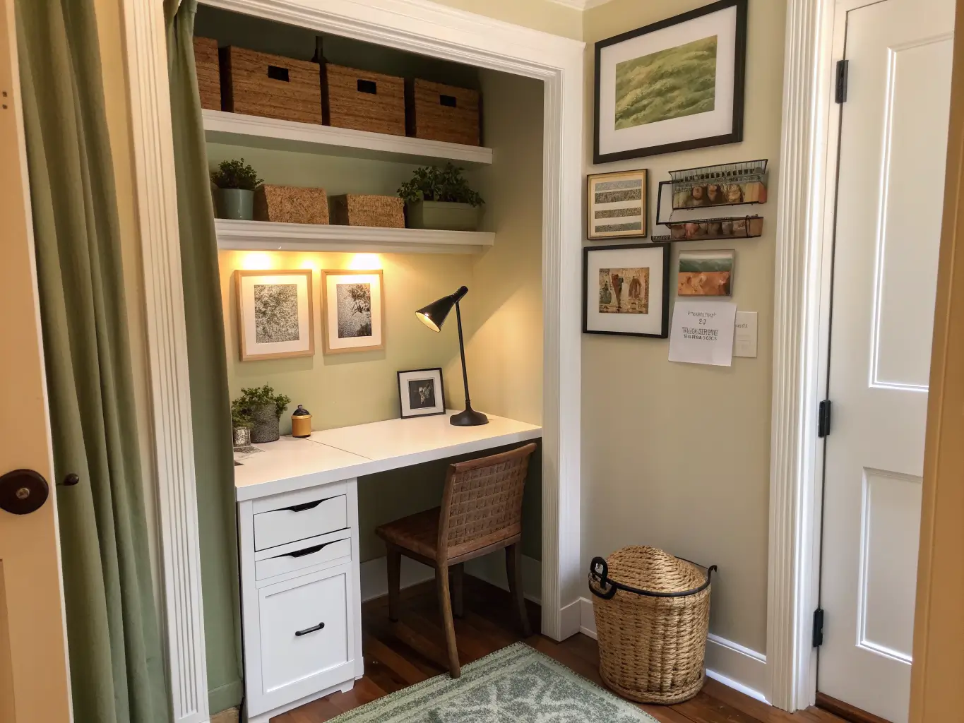 Photorealistic closet study nook with warm cream walls, sage accent shelf wall, slim white desk, black task lamp, rattan basket, botanical prints, and a linen curtain in warm afternoon light.