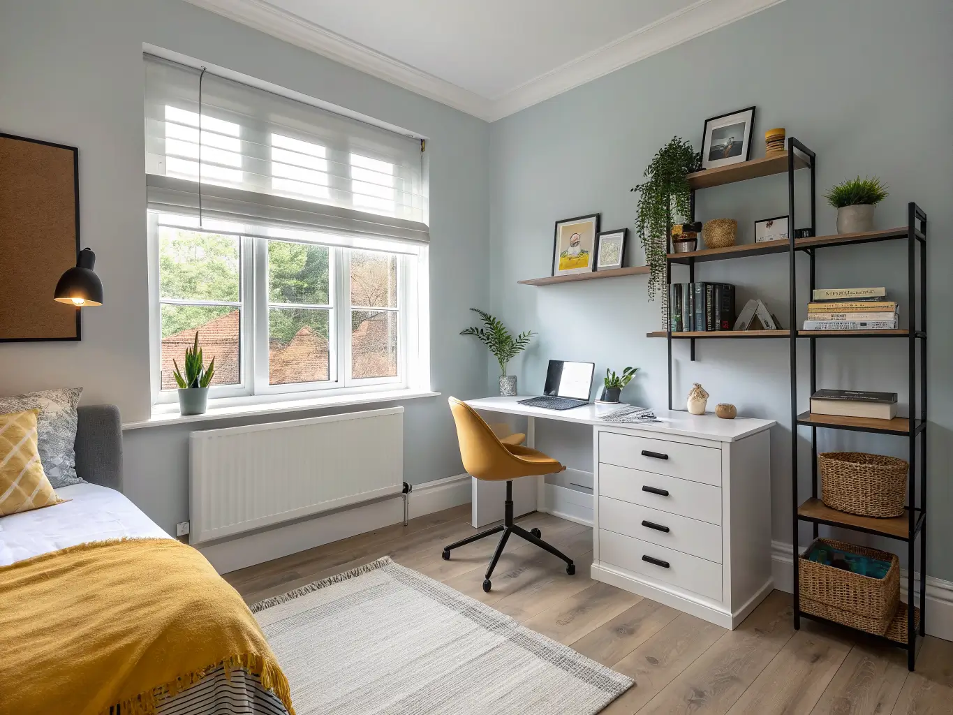Wide shot of a teenager’s study corner with a white desk, grey chair and mustard cushion, blue-grey walls, oak shelves with books and succulent, cork pinboard, and grey wool rug in bright diffused midday light.