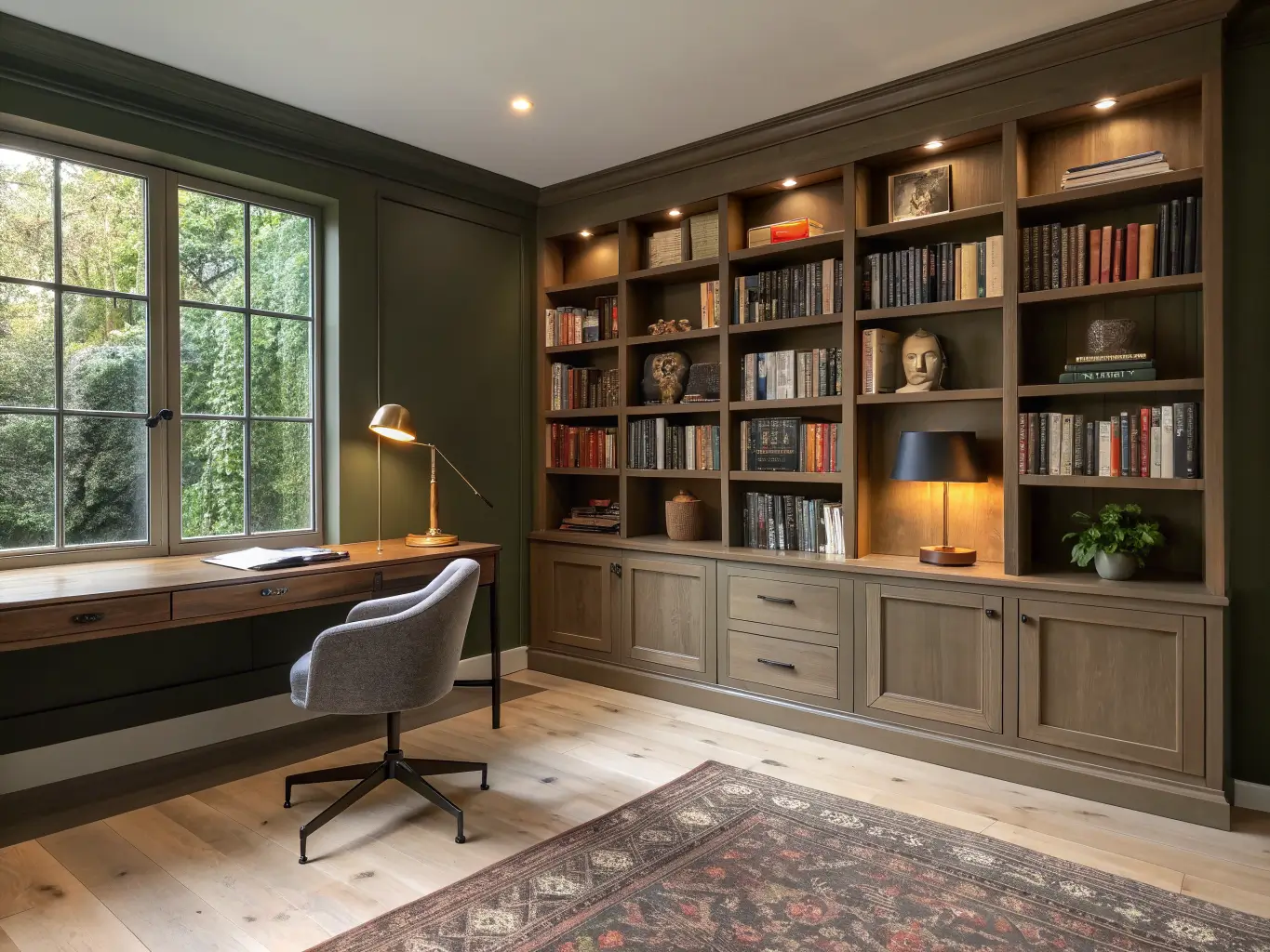 Photorealistic minimalist home library-study with an oak desk, charcoal chair, brass lamp, floor-to-ceiling oak bookshelf on a deep olive accent wall, warm taupe walls, and dusk-to-warm interior lighting.
