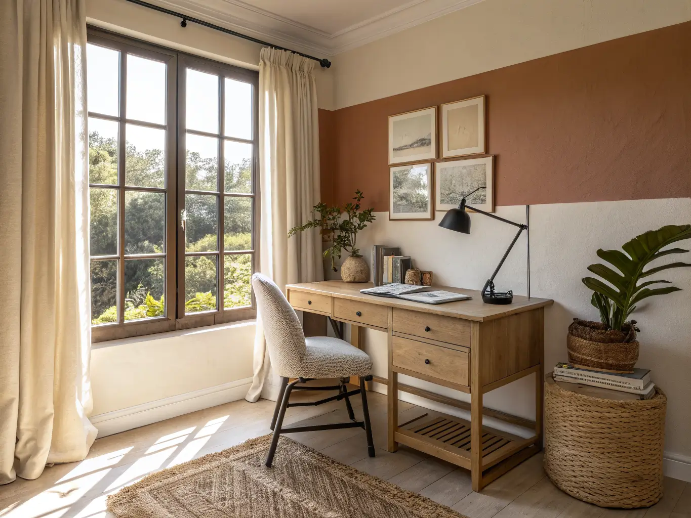 Sunlit corner study with light oak desk, matte black lamp, olive branch planter, jute rug, and terracotta accent wall in a warm off-white living room.