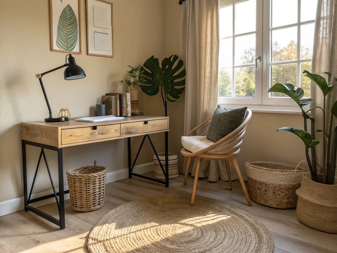 Boho-style productivity study nook with light wood desk by a window, black and brass desk lamp, jute rug, rattan basket, leafy corner plant, and woven chair with sage bouclé pillow in warm afternoon light.