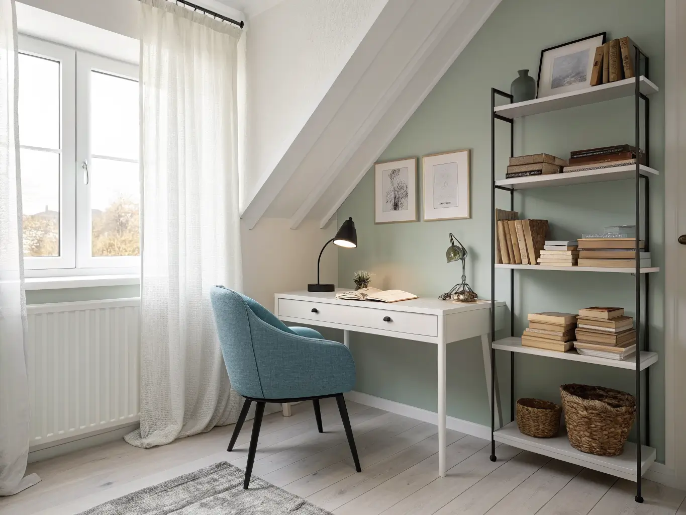 Photorealistic Scandinavian bedroom study nook with pale sage walls, white desk, muted blue chair, black task lamp over an open journal, ash shelf with linens and books, and a cream wool rug in soft daylight through sheer curtains.